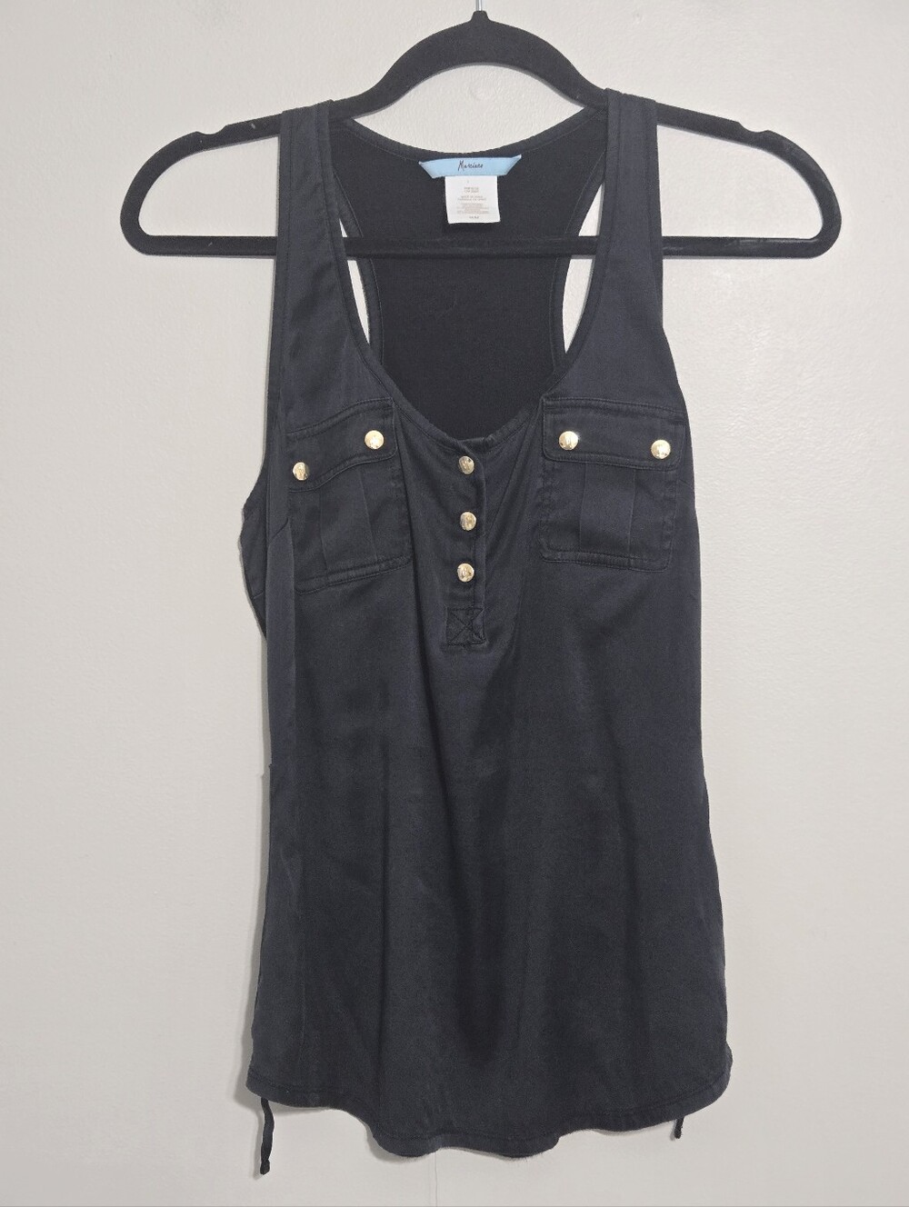 Marciano Tank Top Silk Front Pockets Golden Snap Buttons M Black